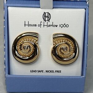 House of Harlow 1960 Gold Spiral Earrings delicate pearl details seashell